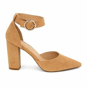 Madden Girl Camel Suede Block Heels | Size 7M | Ankle Strap Pumps